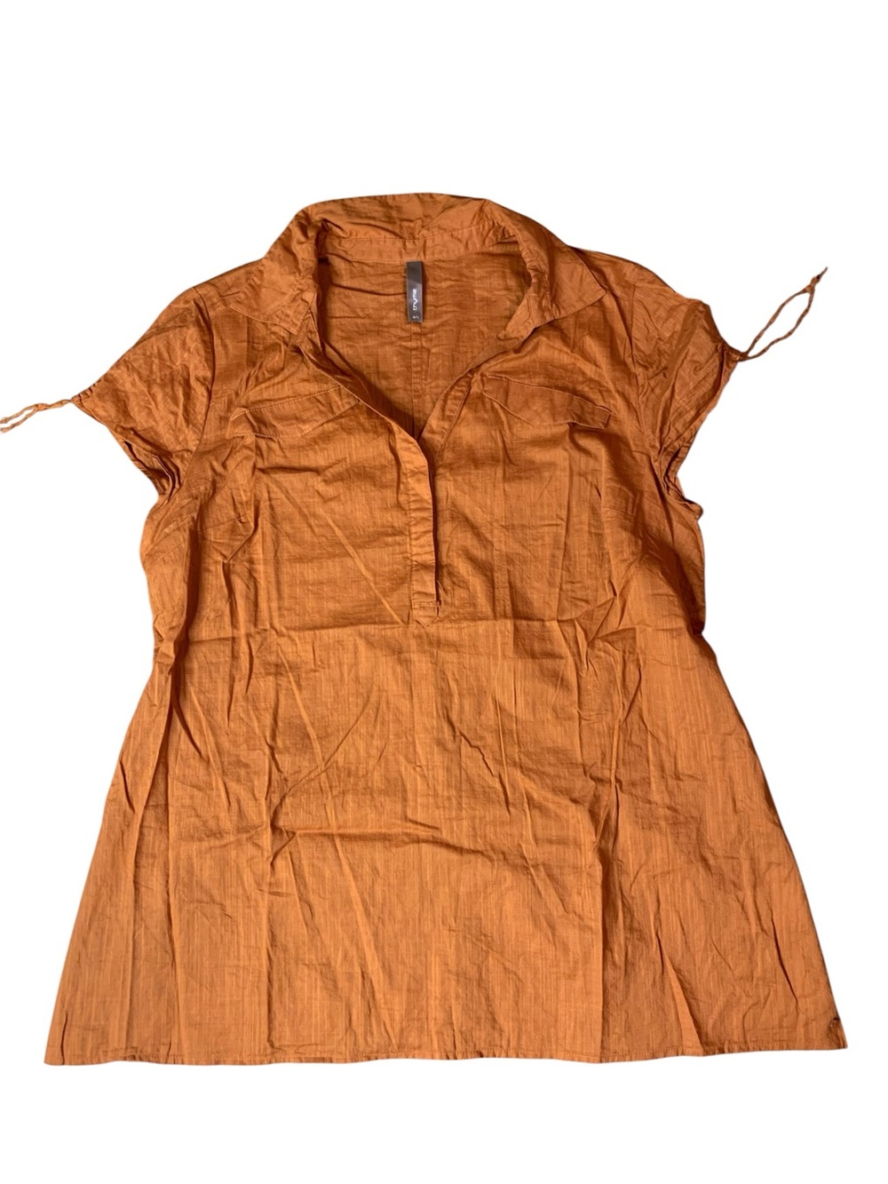 Thyme Short Sleeve Collared Pullover Blouse Caramel Brown Size Large